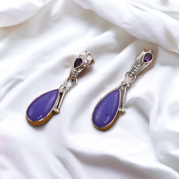 🔥PRICE DROP🔥NWT AMETHYST & PURPLE AVENTURINE DROP EARRINGS IN STERLING SILVER - Picture 2 of 4